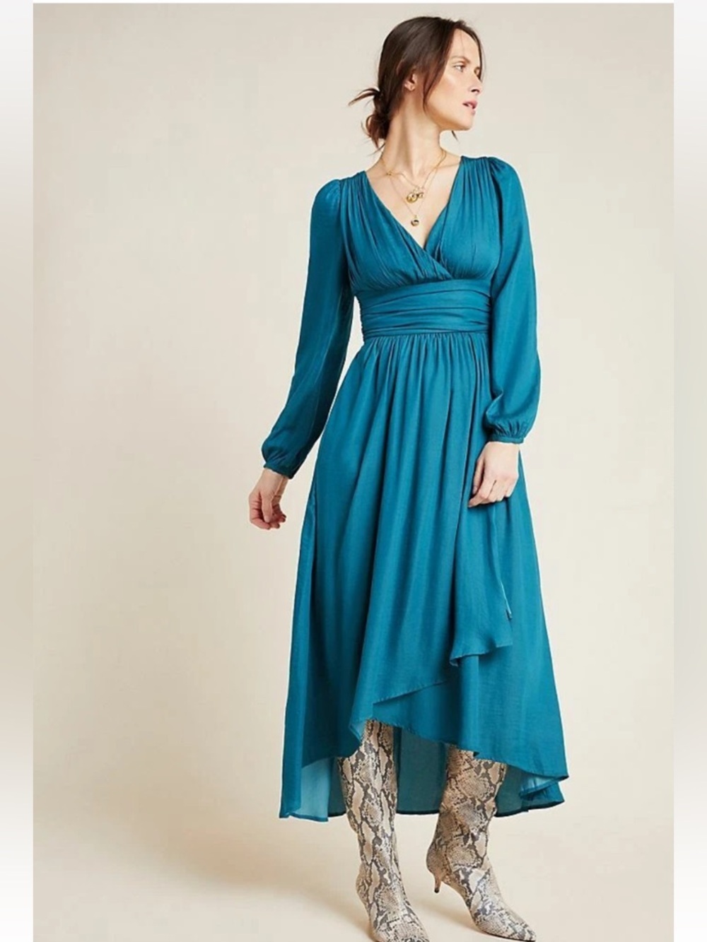 NWT Anthropologie Gwendolyn Teal Blue Flowy Balloon Sleeve Maxi Dress Size 0